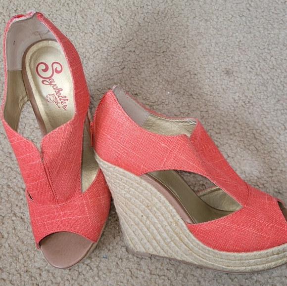 Seychelles Orange & Tan Espadrille Peep-toe Zip Back Wedges Women's Size 9 - Picture 3 of 6